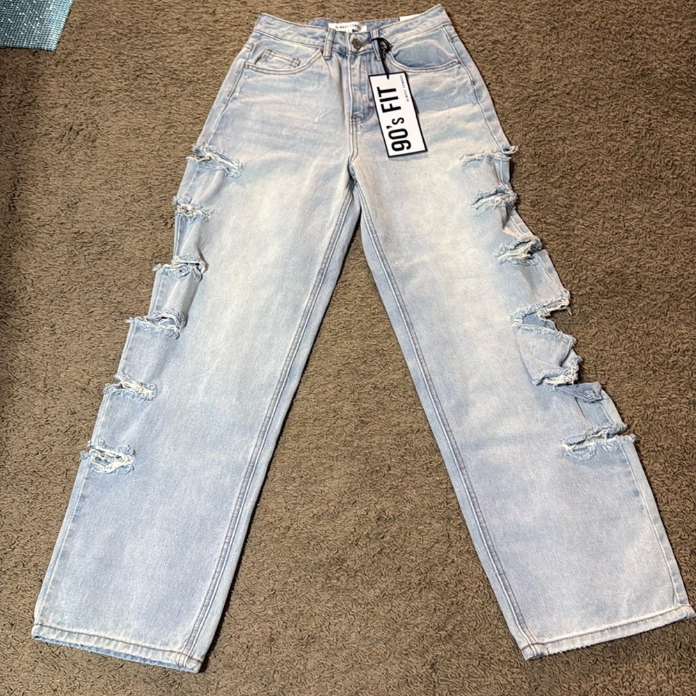 Almost Famous Blue Straight Leg Jeans with Distressed Details - Picture 3 of 13